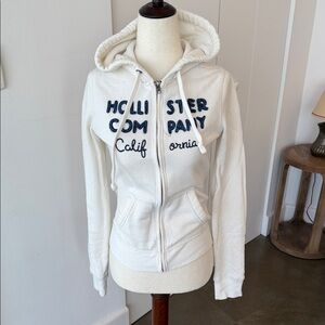 Hollister Cream Zip Hoodie with Navy Embroidered Logo